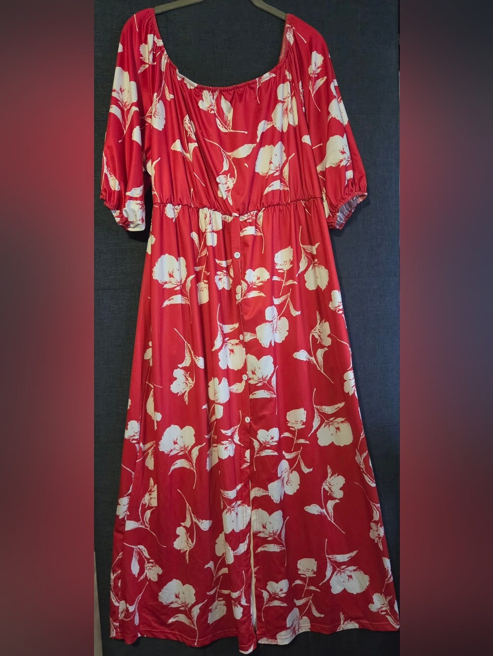 Red Floral Maxi Dress with Puff Sleeves